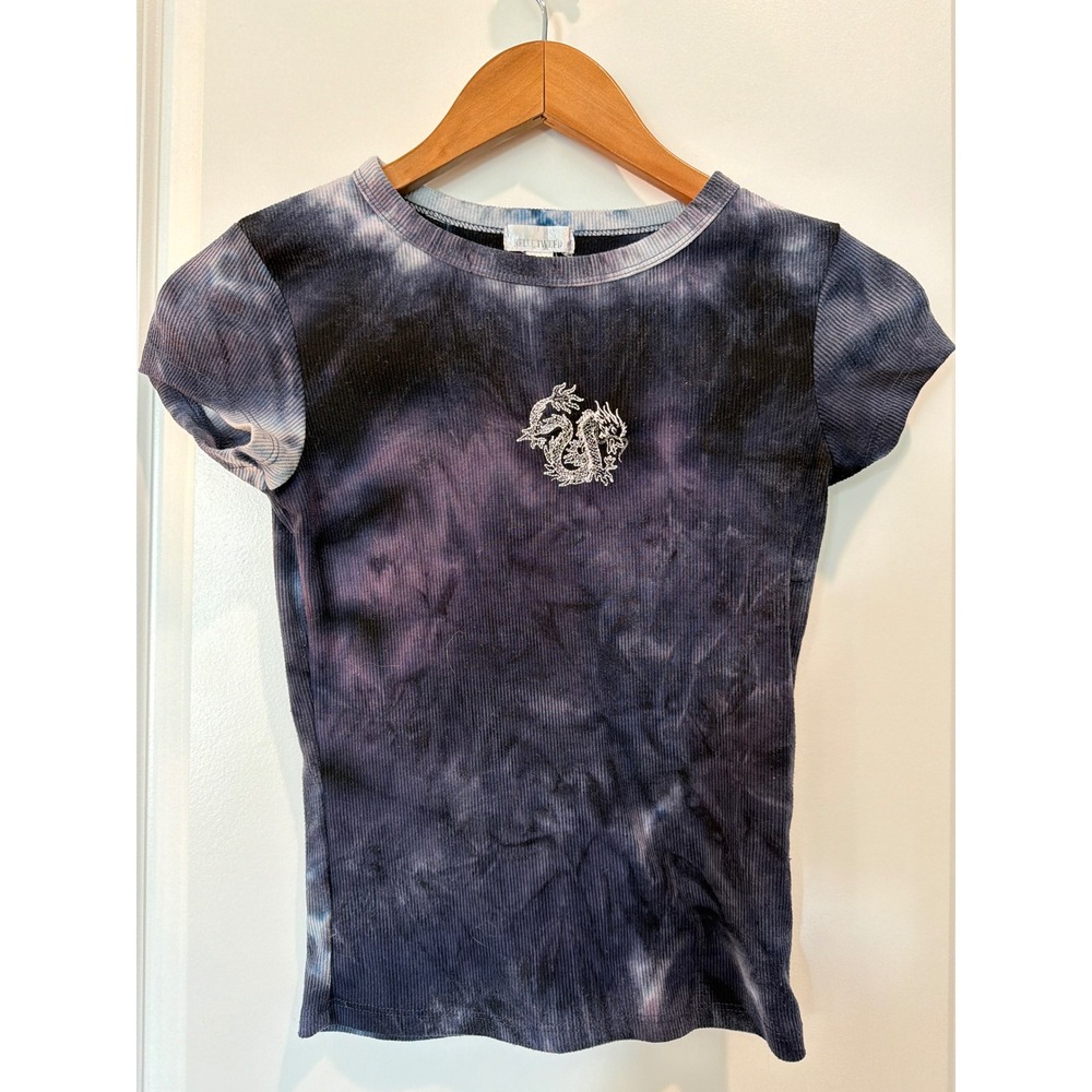 Belle Tweed Tie Dye Dragon Embroidered Ribbed Baby Tee Navy Purple Small Y2K